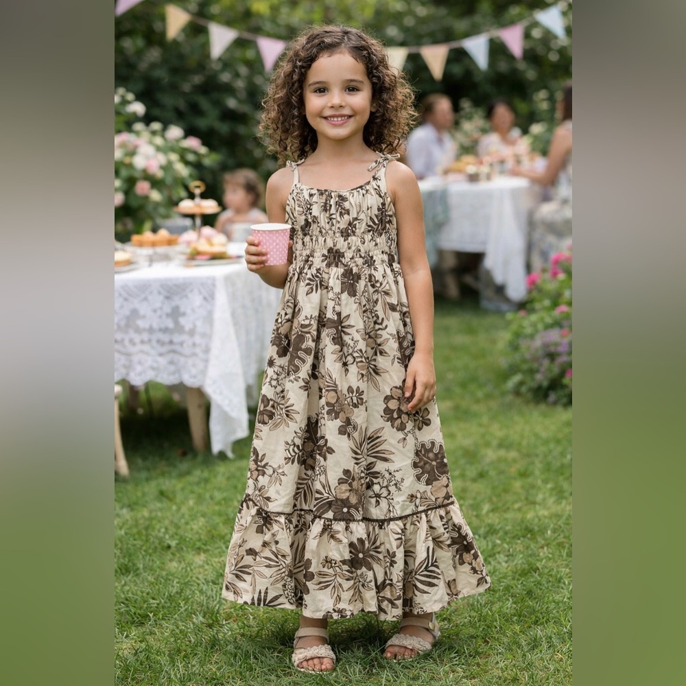 Girls Boho Floral Maxi Dress Tie Strap Ruffle Hem Beige Brown Sz 6-8 Cottagecore